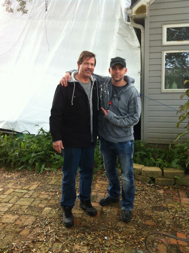Michael Pare and John Fallon on the set of The Shelter